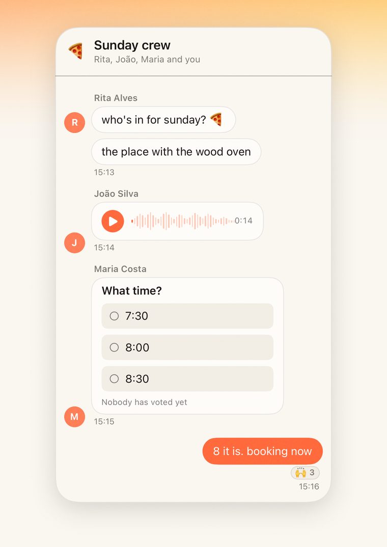 A group chat with messages, a voice note and a poll about what time to meet.