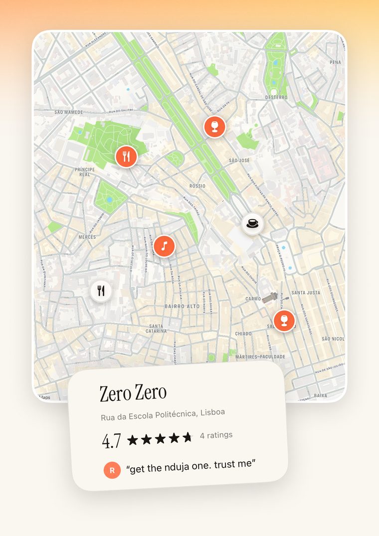 A map of Lisbon with the group's places pinned, and a pizzeria rated 4.7 stars.