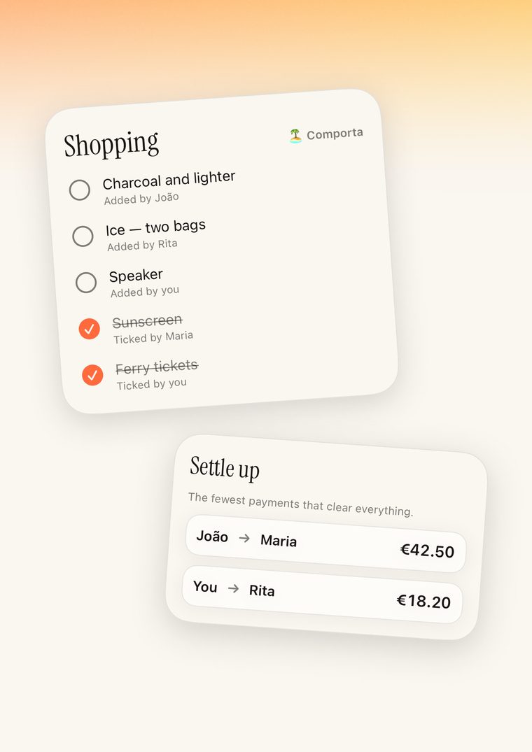 A shared shopping list for a trip, and the two payments that settle everyone up.